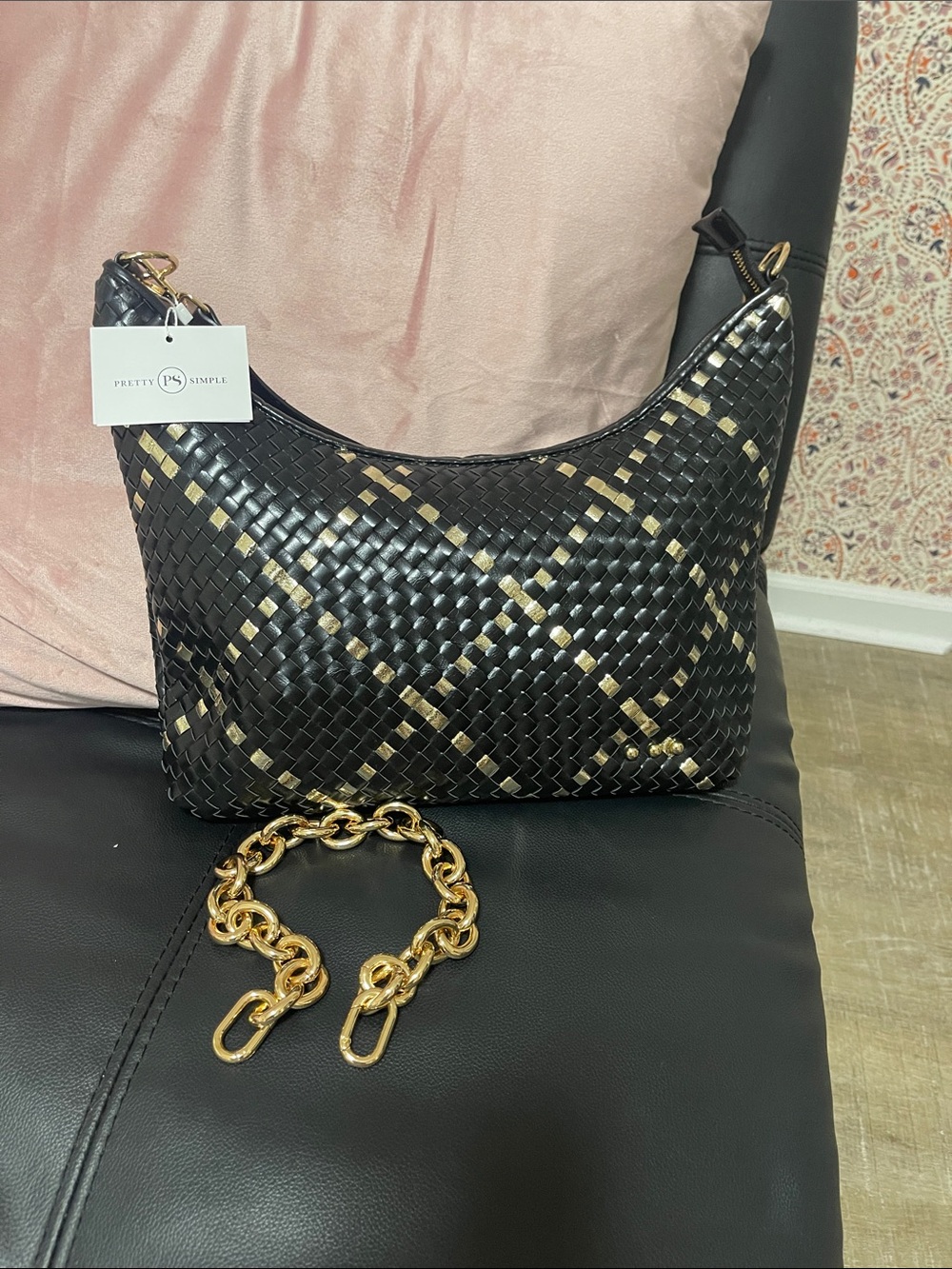 NWT Pretty Simple Black & Gold Woven Hobo Bag